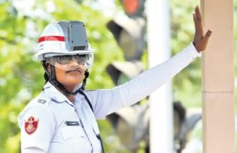 Traffic police relief from heat, duty wearing AC helmet 2024